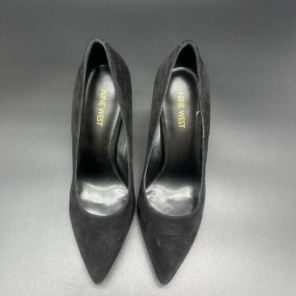 Nine West Zealand Womens 8.5M Black Suede Pointed Toe Dress Pumps Chrome Stacked - Picture 6 of 9
